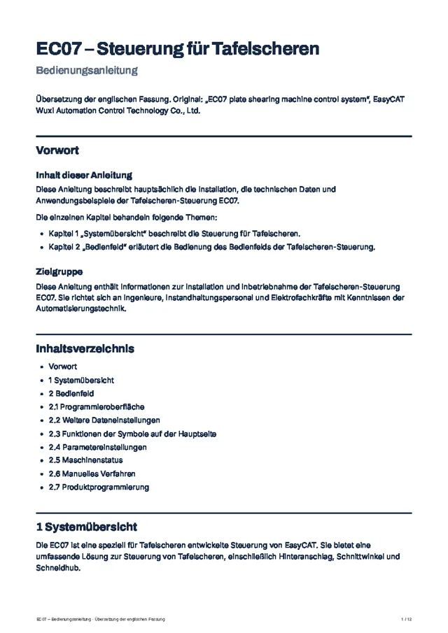Bedienungsanleitung Steuerung EC07, Seite 1
